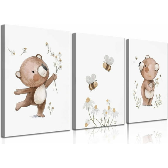 3Pcs Nursery Canvas Wall Art Cute Bear Bee Flower Spring And Summer Painting Pictures wall Decor Teddy Bear Posters Prints For Children Room Baby Room Boy Room Girl Room Home Decorations