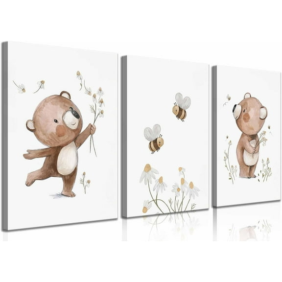 3Pcs Nursery Canvas Wall Art Cute Bear Bee Flower Spring And Summer Painting Pictures wall Decor Teddy Bear Posters Prints For Children Room Baby Room Boy Room Girl Room Home Decorations