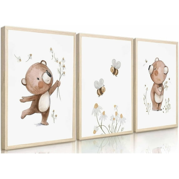 3Pcs Nursery Canvas Wall Art Cute Bear Bee Flower Spring And Summer Painting Pictures wall Decor Teddy Bear Posters Prints For Children Room Baby Room Boy Room Girl Room Home Decorations