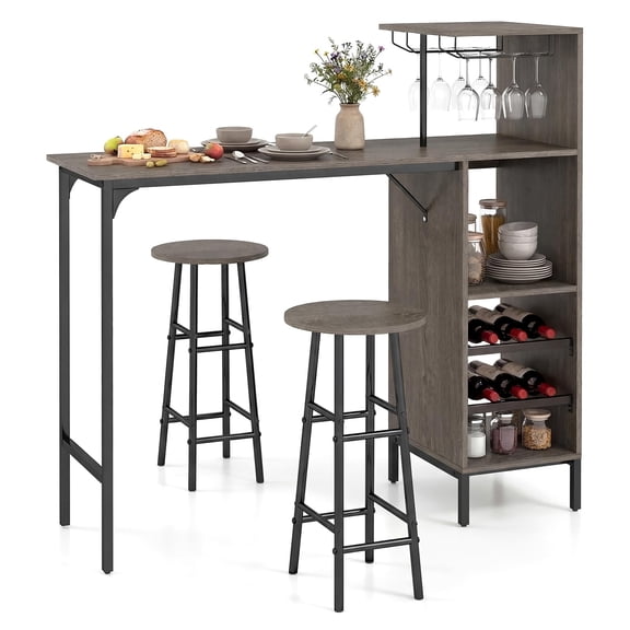 3Pcs Oak Gray Bar Table Set with Wine Rack, Industrial Pub Counter Height