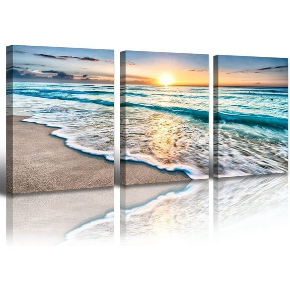 3Pcs Ocean Decor - Modern Beach Bathroom Decor Wall Art for Living Room Beach Decorations for Home Pictures Bedroom Canvas Seascape Paintings Deep Blue Sea Wave Sunset d