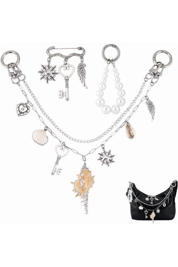 3Pcs Ocean Theme Alloy Acrylic Pendant Decorations and Brooches with Aluminum Curb Chains and Alloy Swivel Clasps Platinum 363mm