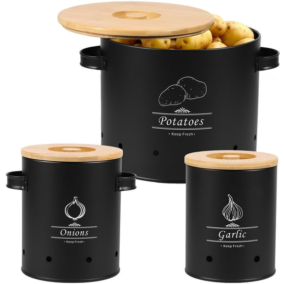 3Pcs Onion Storage Canister 3 Sizes Potato Storage Bins Carbon Steel Vegetable Storage Tins with Handle Stackable Potato Keeper Practical Garlic Storage Bin for Home Kitchen