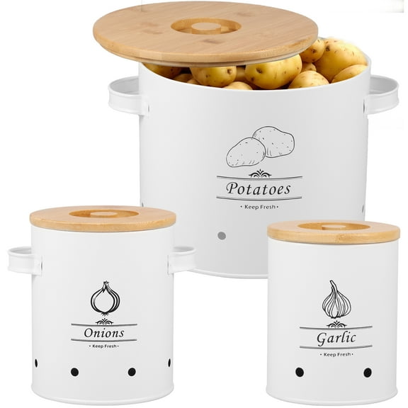 3Pcs Onion Storage Canister 3 Sizes Potato Storage Bins Carbon Steel Vegetable Storage Tins with Handle Stackable Potato Keeper Practical Garlic Storage Bin for Home Kitchen