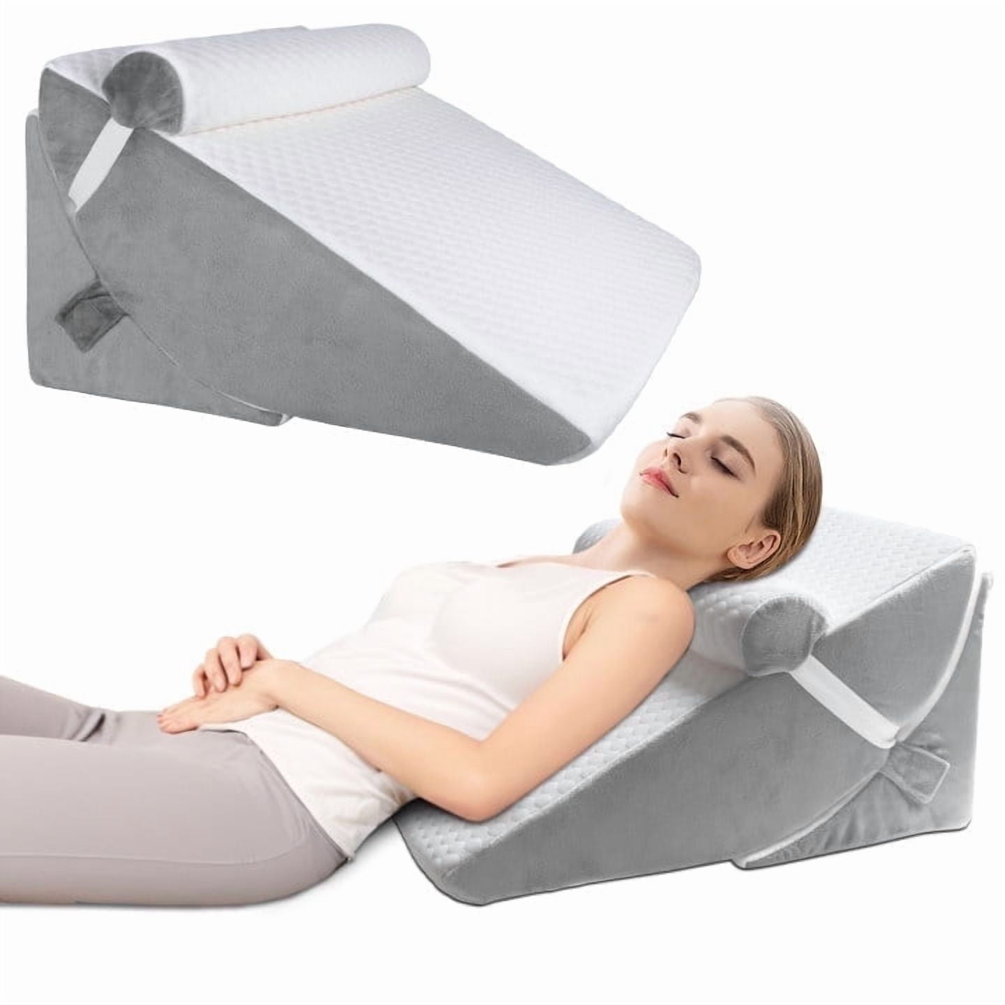 3Pcs Orthopedic Bed Wedge Pillow Set for Sleeping, Folding Foam Triangle Pillow with Headrest for Leg Elevation, Sleep Apnea, Acid Reflux, Snoring, Adjustable Incline Cushion with Washable Cover