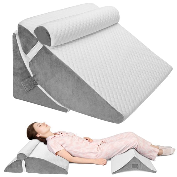 3Pcs Orthopedic Bed Wedge Pillow Set for Sleeping, Folding Foam Triangle Pillow with Headrest for Leg Elevation, Sleep Apnea, Acid Reflux, Snoring, Adjustable Incline Cushion with Washable Cover