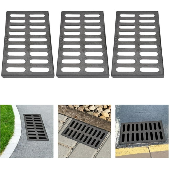 3Pcs Outdoor Channel Drain Grate 19.7x11.8x1.2 Inch Cast Iron Trench Cover Channel Drainage Cover, Drain Grates for Yard Fence Sewer Sidewalk Patio Pool Decks, 11023lbs Load Capacity