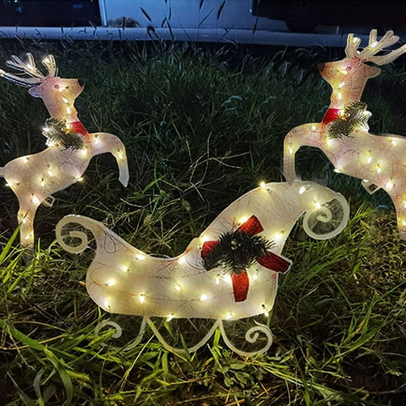 3Pcs Outdoor Christmas Sleigh Scene Decorations, Luminous LED Yard Garden Ornaments with Ground Stakes, Battery Powered Holiday Decor Set