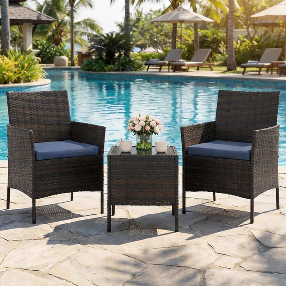 3Pcs Outdoor Furniture Set, PE Rattan Wicker Chairs with Soft Cushions & Tempered Glass Coffee Table - All-Weather Patio Set for Garden, Backyard, Porch, Poolside (Brown/Navy Blue)
