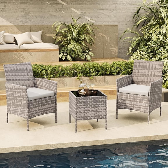 3Pcs Outdoor Furniture Set, PE Rattan Wicker Chairs with Soft Cushions & Tempered Glass Coffee Table - All-Weather Patio Set for Garden, Backyard, Porch, Poolside (Gray/Light Gray)