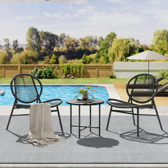 3Pcs Outdoor Patio Bistro Set, Acapulco Chairs with Side Table, All-Weather Modern Patio Chairs, Small Conversation Set, Black