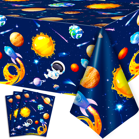 3Pcs Outer Space Tablecloth Set Astronaut Pattern Table Covers, Ideal for Space Birthday Party Decor, Galaxy Space Party Table Cloth for Kids Birthday & Outer Space Party Supplies