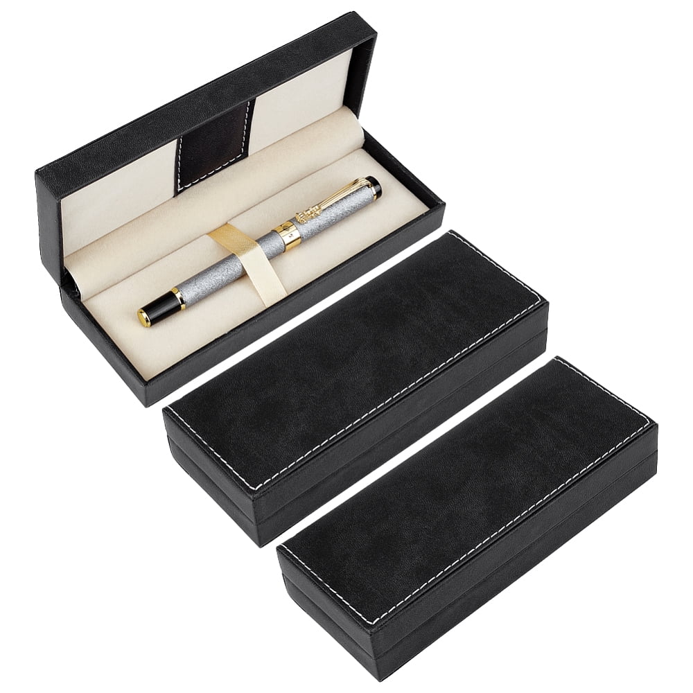 3Pcs PU Leather Long Pen Gift Box 2.67x6.9x1.5 Inch Black Pen Storage Boxes Pencil Boxes Empty Case with Cushion