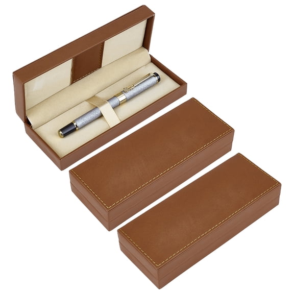 3Pcs PU Leather Long Pen Gift Box 2.67x6.9x1.5 Inch Saddle Brown Pen Storage Boxes Pencil Boxes Empty Case with Cushion
