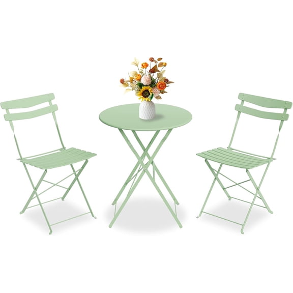 3Pcs Patio Bistro Set, Folding Patio Bistro Table and Chairs Set of 2, Outdoor Patio Furniture Set, Metal Structure, No Assembly Need, for Balcony Yard Garden, Green