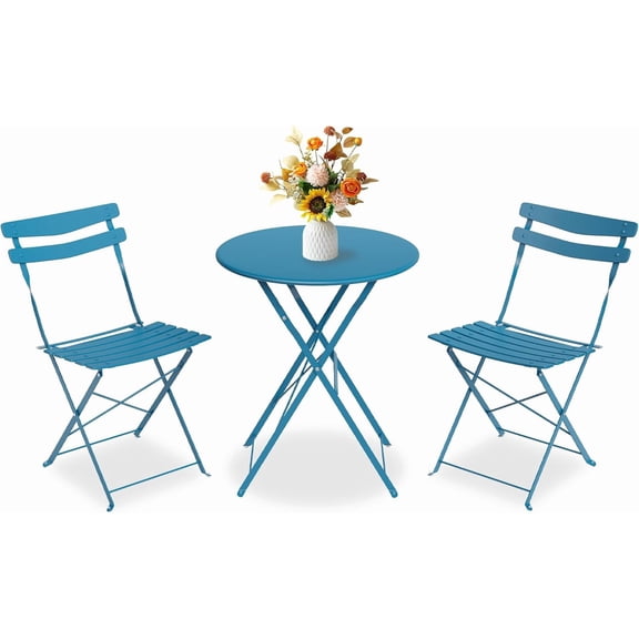 3Pcs Patio Bistro Set, Folding Patio Bistro Table and Chairs Set of 2, Outdoor Patio Furniture Set, Metal Structure, No Assembly Need, for Balcony Yard Garden, Peacock Blue