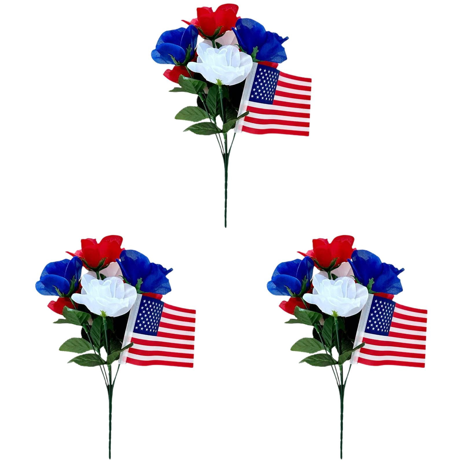 3Pcs Patriotic Artificial Flowers Memorial Bouquet Fake Red White and ...