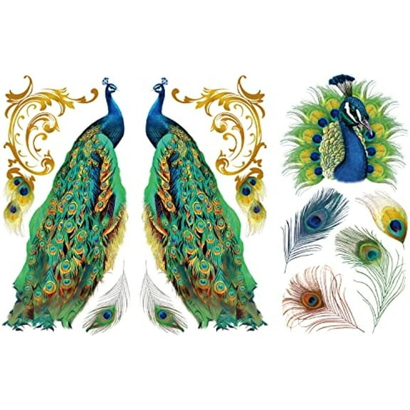 3Pcs Peacock Theme Decor Transfers 6x12 inch Furniture Transfer Stickers Animals Feather Wall Art Decals for Bedroom Living Room Desk Table Decoration