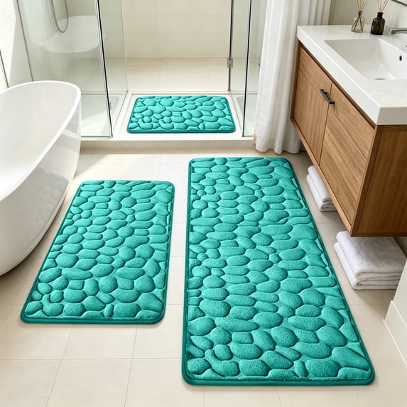3Pcs Pebble Texture Bath Mat Set, Latex Non-Slip Backing, Thick Washable & Quick Drying Soft Chenille Carpet for Bathroom, Plush Shaggy Rugs, Absorbent Floor Mats, Green