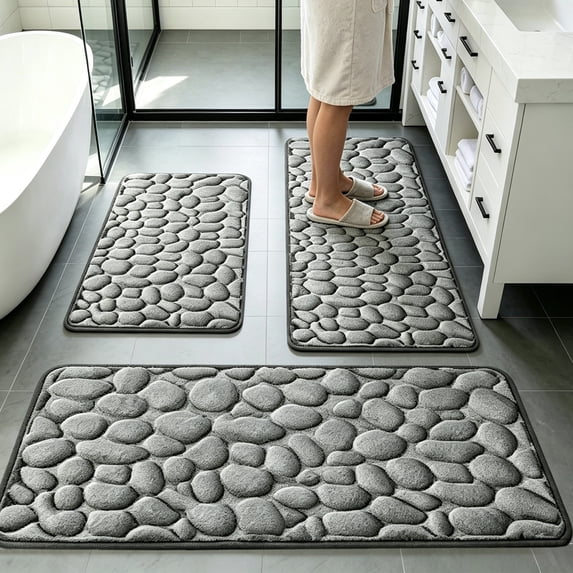 3Pcs Pebble Texture Bath Mat Set, Latex Non-Slip Backing, Thick Washable & Quick Drying Soft Chenille Carpet for Bathroom, Plush Shaggy Rugs, Absorbent Floor Mats, Gray
