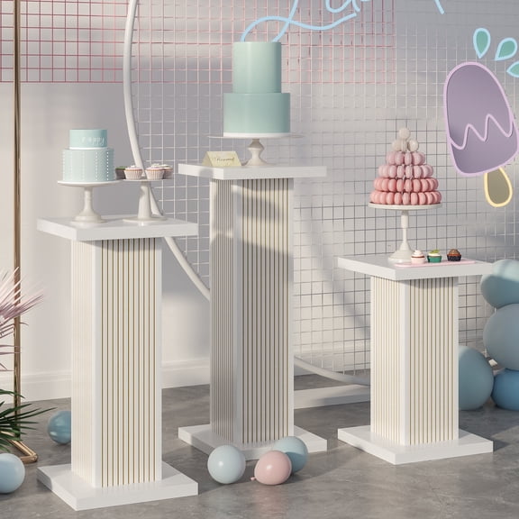 3Pcs Pedestal Stand for Party, Column Decoration Pedestal Cube with Fluted Design, Display Pedestal Stands Pillars for Wedding Birthday Baby Shower Decor Display Plant Stand