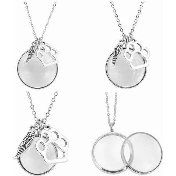 3Pcs Pet Hair Memorial Necklace Stainless Steel Fur Ashes Keepsake Necklace Clear Glass Locket Necklaces with Wing Paw Cat Dog Urn Picture Memorial Jewelry for Women Men Personalised Gift Clear