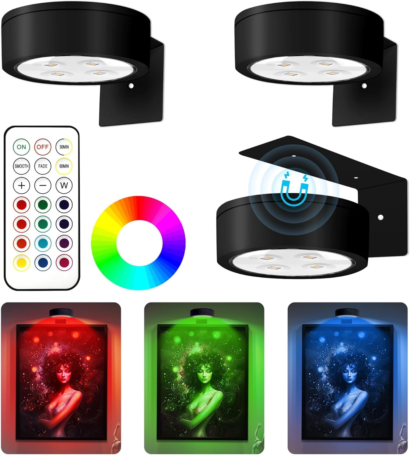 3Pcs Picture Lights for Wall, 13 RGB Color Magnetic Led Art Display ...