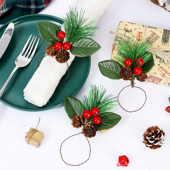 3Pcs Pines Needle Napkin Ring Vacemry Christmas Napkin Holder with Pine Needle and Berry Design, Set of 2 Plastic Napkin Loops for Holiday Table Setting, Waterproof and Sun Proof Decoration