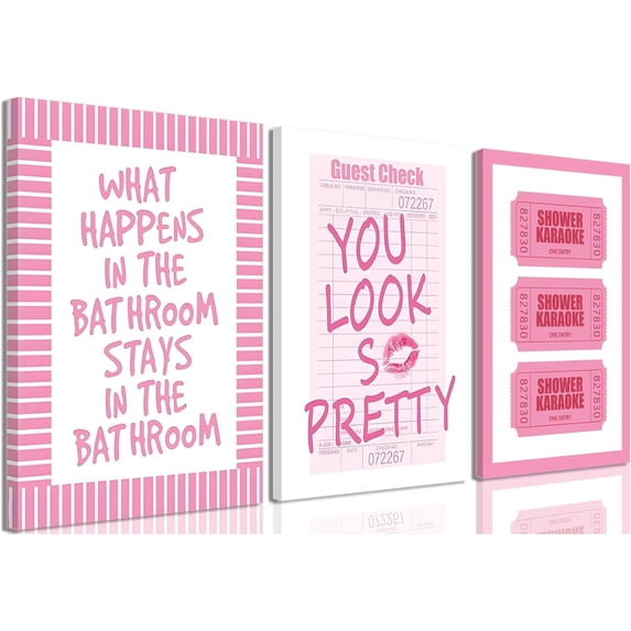 3Pcs Pink Bow Bathroom Canvas Wall Art Bowknot Coquette Posters Prints Preppy Picture Decor For Bathroom Washroom Restroom 16x12in Framed