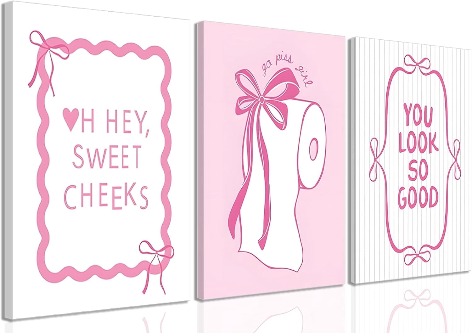 3Pcs Pink Bow Bathroom Canvas Wall Art Bowknot Coquette Posters Prints Preppy Picture Decor For Bathroom Washroom Restroom 16x12in Framed