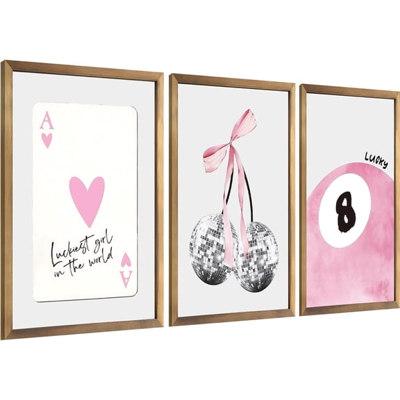 3Pcs Pink Bow Bathroom Canvas Wall Art Bowknot Coquette Posters Prints Preppy Picture Decor For Bathroom Washroom Restroom 16x12in Framed