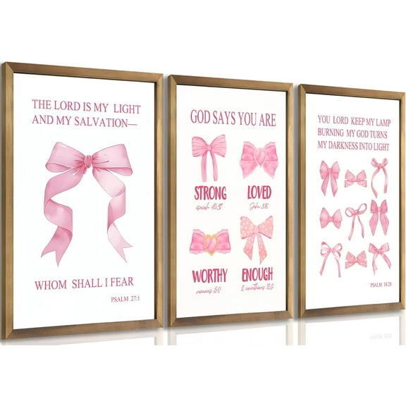 3Pcs Pink Bow Bathroom Canvas Wall Art Bowknot Coquette Posters Prints Preppy Picture Decor For Bathroom Washroom Restroom 16x12in Framed