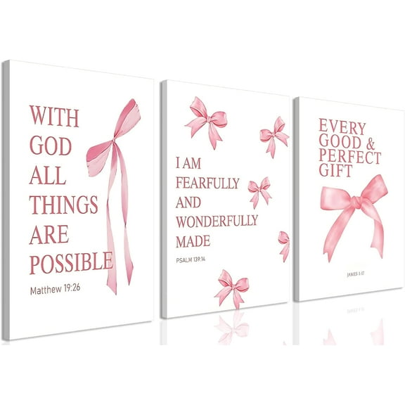 3Pcs Pink Bow Bathroom Canvas Wall Art Bowknot Coquette Posters Prints Preppy Picture Decor For Bathroom Washroom Restroom 16x12in Framed