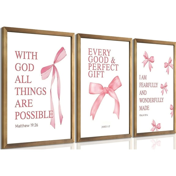 3Pcs Pink Bow Bathroom Canvas Wall Art Bowknot Coquette Posters Prints Preppy Picture Decor For Bathroom Washroom Restroom 16x12in Framed