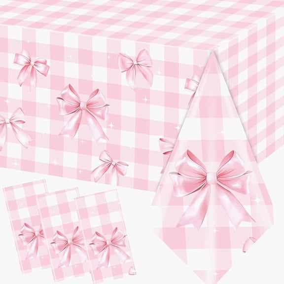3Pcs Pink Bow Tablecloths-Coquette Birthday Decorations Girls Pink Gingham Bow Theme Plastic Table Covers for Baby Shower,Wedding,Birthday Party