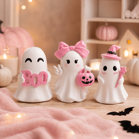 3Pcs Pink Ghost Figurine Halloween Decor Cute White Ghost Tabletop Accent With Pink Details For Mantel Shelf Entryway Indoor Seasonal Display Pink