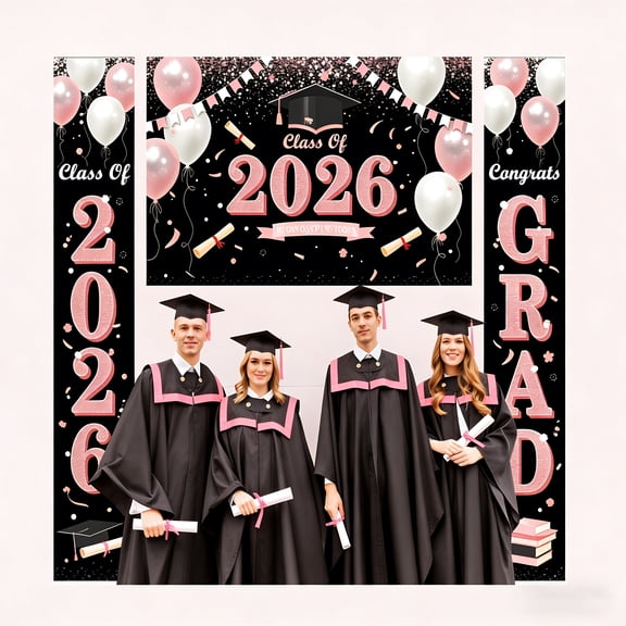3Pcs Pink Graduation Banner Decorations Class of 2026 Backdrop Banner and Class of 2026 Congrats Grad Porch Sign for 2026 Graduation Party Supplies 5.9x3.6ft