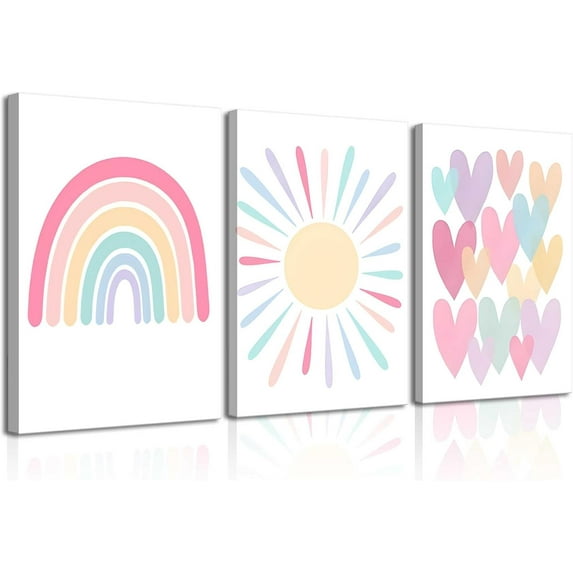 3Pcs Pink Nursery Canvas Wall Art Rainbow Poster Kids Bedroom Baby Girls Toddler Pastel Wall Decor Prints Sun Boho Pink Sunshine Painting for Classroom School Nursery Decoration 12x16in