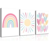 3Pcs Pink Nursery Canvas Wall Art Rainbow Poster Kids Bedroom Baby Girls Toddler Pastel Wall Decor Prints Sun Boho Pink Sunshine Painting for Classroom School Nursery Decoration 12x16in