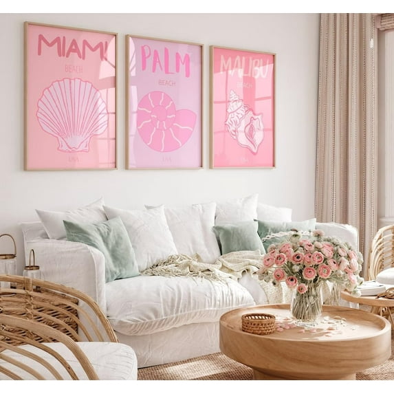 3Pcs Pink Preppy Canvas Wall Art Beach Posters Seashell Pictures Funny Dormitory Wall Decor Prints for Bedroom Living Room Bathroom With Inner Frame