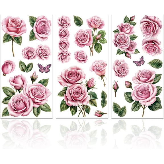 3Pcs Pink Rose Furniture Transfer 6x12inch Rose Flowers Rub on Transfer Self-Adhesive Wall Art Decals for Bedroom Living Room Desk Table Decoration