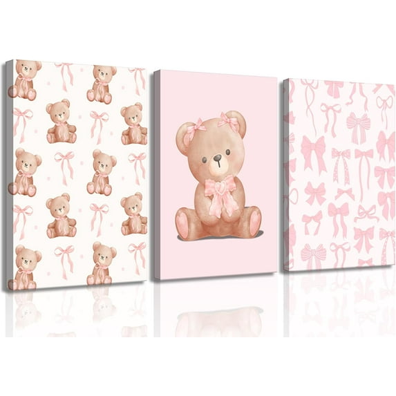 3Pcs Pink Teddy Bear Wall Art Coquette Bow Wall Decor Pictures Cute Animal Nursery Canvas Posters Prints for Baby Girls Room Bedroom Home Decorations Und