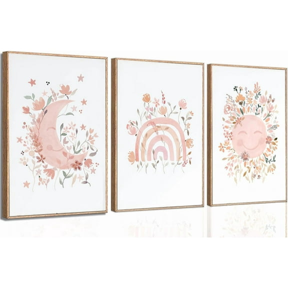 3Pcs Pink Wildflower Wall Art Sun Moon Canvas Posters Prints Bohemia paintings Rainbow Pictures Wall Decor Artwork for Girls Bedroom Children Room Decoration