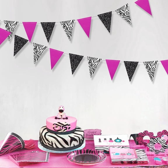 3Pcs Pink Zebra Party Decorations Hot Pink Glitter Black Zebra Print Birthday Party Decorations Animal Streamers Triangle Flag Bunting Pennant Garland Banner Girls Party Jersey Shore Decor Supplies