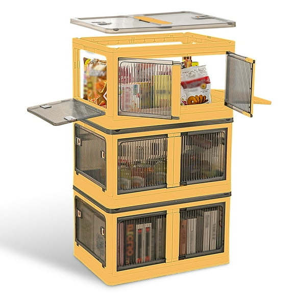 3Pcs Plastic Collapsible Storage Box  Stackable Closet Organizer Containers with Wheels Lids 4 Doors White