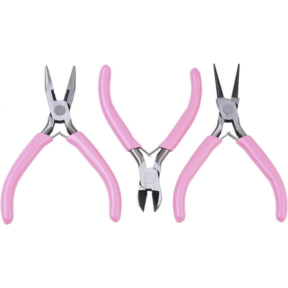 3Pcs Pliers Set, Carbon Steel Round Nose Pliers Shear Pliers Side Cutting Pliers with Pink Handle for DIY Repairs and Maintenance Projects, Crafts, Jewelry-Making