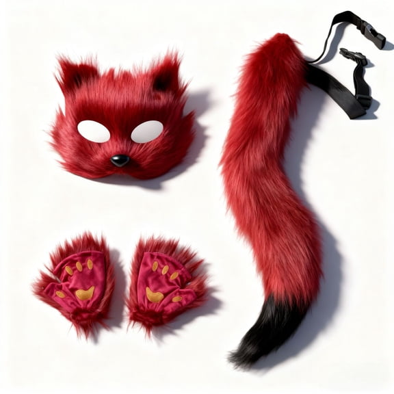 3Pcs Plush Anime Cat Wolf Fox Mask Paws Fluffy Tail Set,Halloween Fursuit Therian Fox Animal Cosplay Party Costume