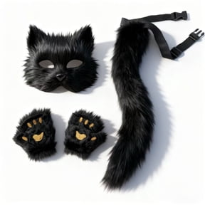 3Pcs Plush Anime Cat Wolf Fox Mask Paws Fluffy Tail Set,Halloween Fursuit Therian Fox Animal Cosplay Party Costume