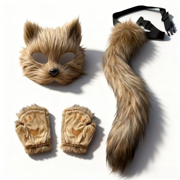 3Pcs Plush Anime Cat Wolf Fox Mask Paws Fluffy Tail Set,Halloween Fursuit Therian Fox Animal Cosplay Party Costume