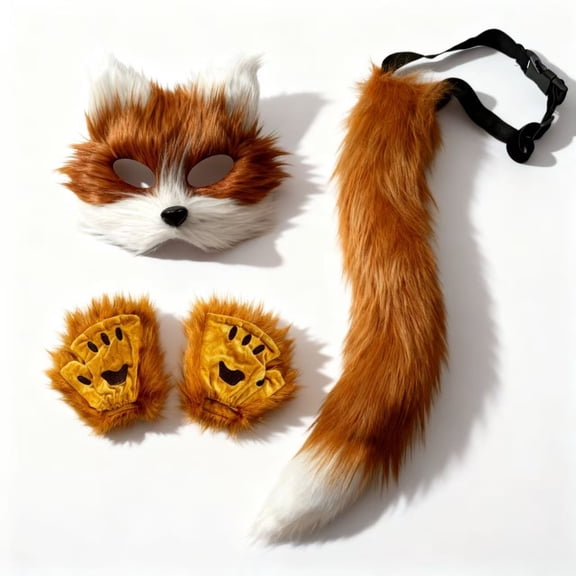 3Pcs Plush Anime Cat Wolf Fox Mask Paws Fluffy Tail Set,Halloween Fursuit Therian Fox Animal Cosplay Party Costume